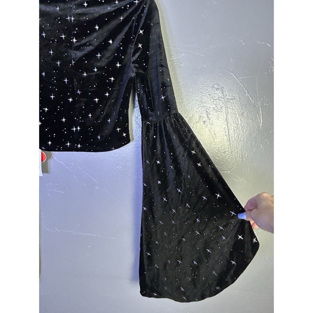 Cider Black Velvet Star Bell Sleeve Crop Top Celestial Whimsy Goth Women's L - Picture 4 of 11